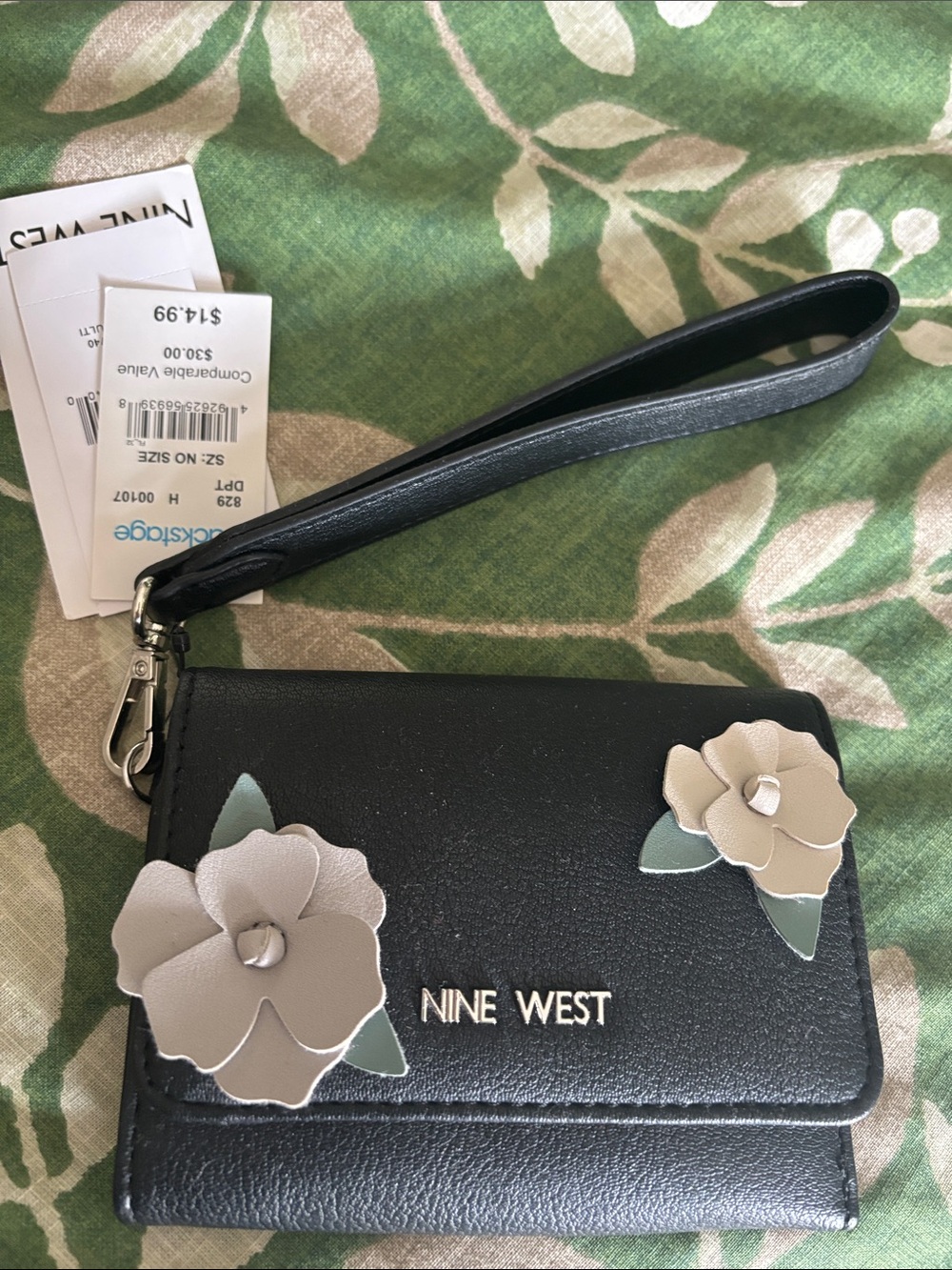 Nine West Black Wristlet Clutch with Cream Floral Appliqués
